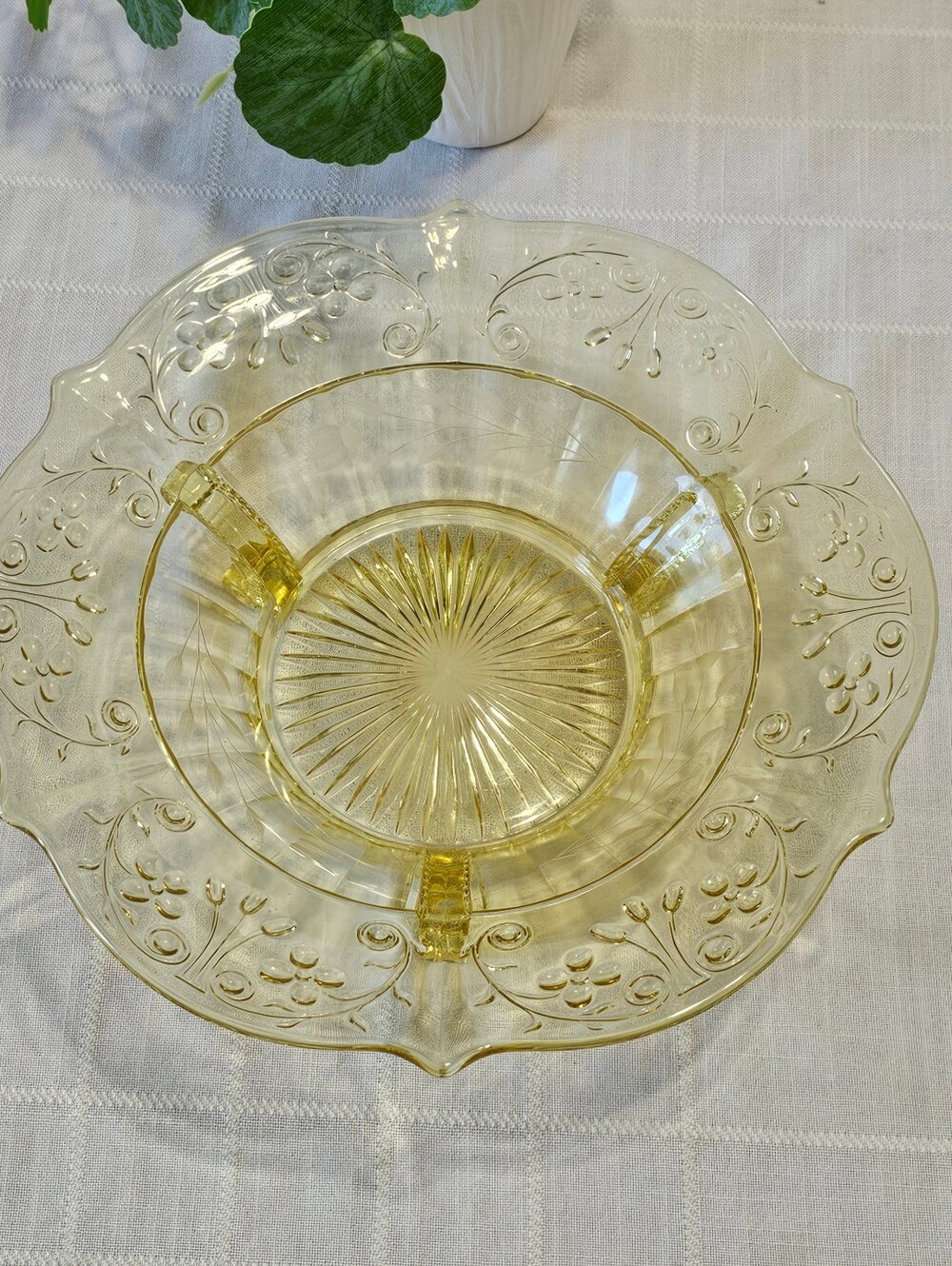 1930s Lancaster Jubilee Topaz Yellow 3-Footed Glass Bowl 10.5”
